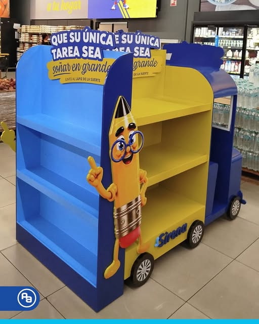Exhibidor escolar de Sirena en forma de autobús azul y amarillo con un lápiz animado